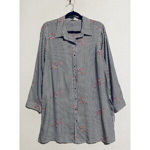 Solitaire Top Womens Large Black White Striped Floral Tunic Roll Tab Sleeve